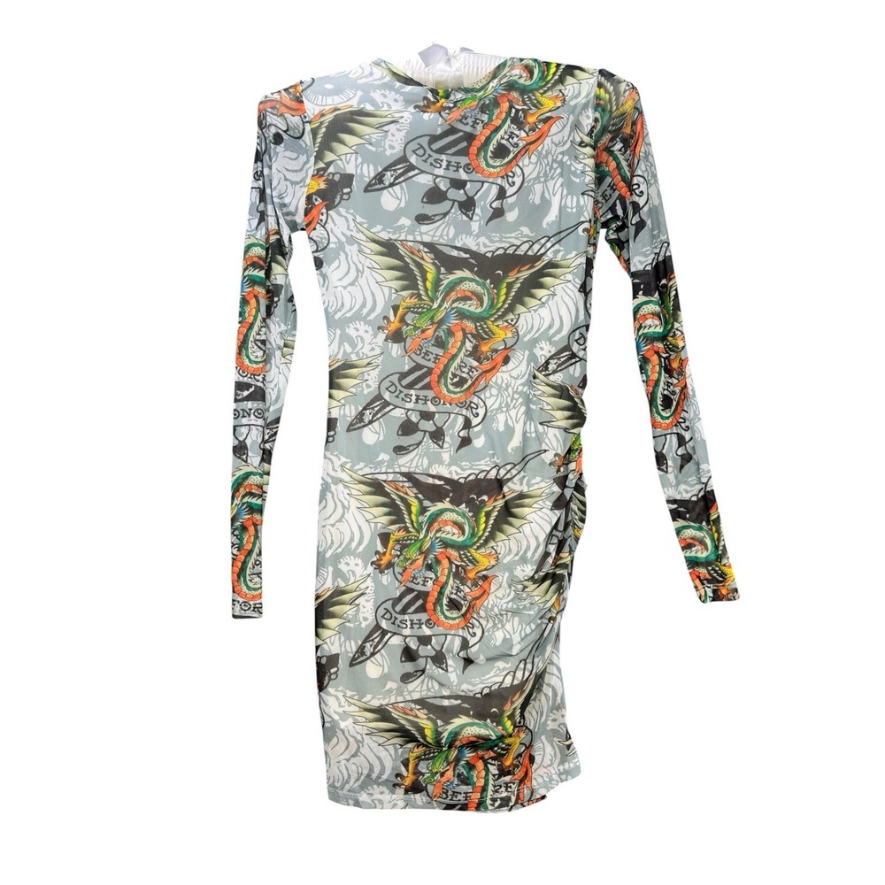 Ed Hardy NWT Dragon Tattoo Print Ruched Bodycon Mini Dress Size Small Y2K - Picture 9 of 15